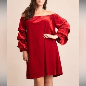 RETHM red velvet off the shoulder gathered puff sleeve dress- NWOT Sz M